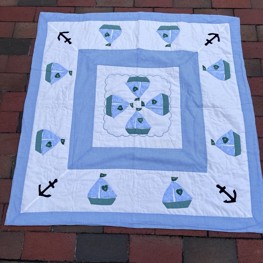 Handmade Sailboat Boys Crib Quilt, Green, White, Blue, One Of A Kind 40"x40"